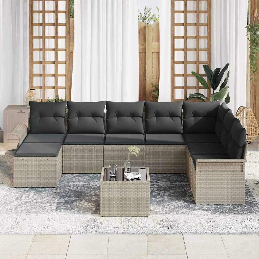 vidaXL 9-delige tuinset met kussens in grijs poly rattan