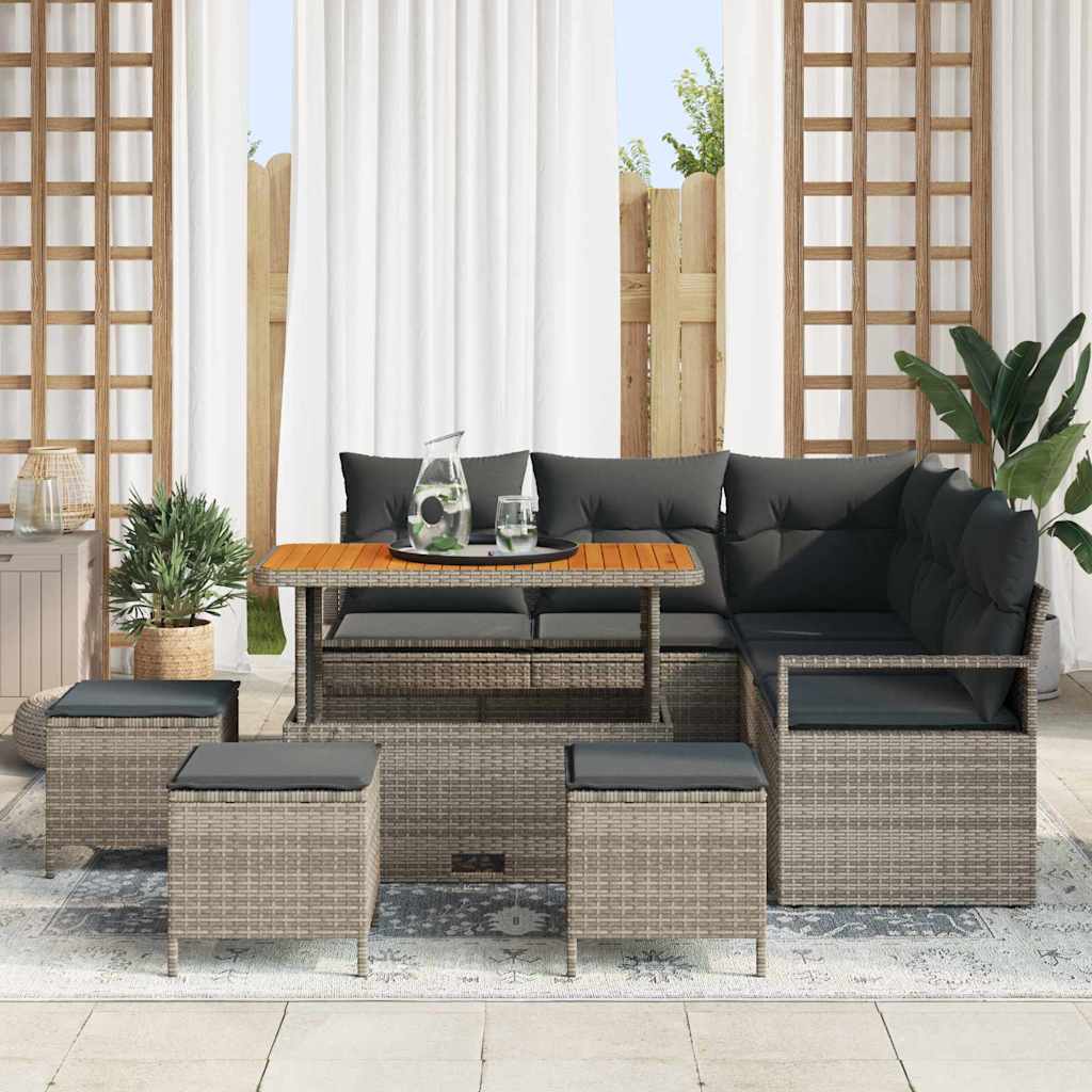 vidaXL 9-delige tuinbankset met kussens in grijs poly rattan