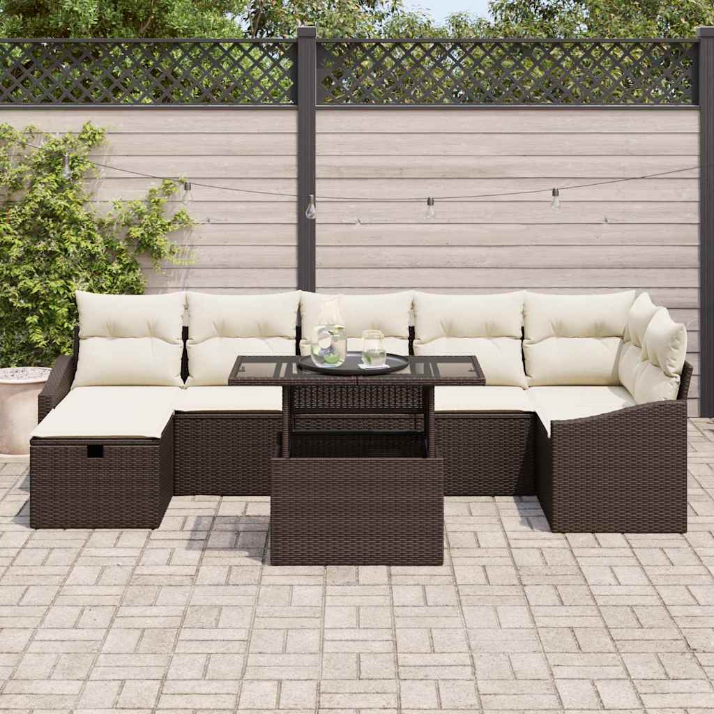 vidaXL 8-delige Tuinbankenset met kussens poly rattan bruin