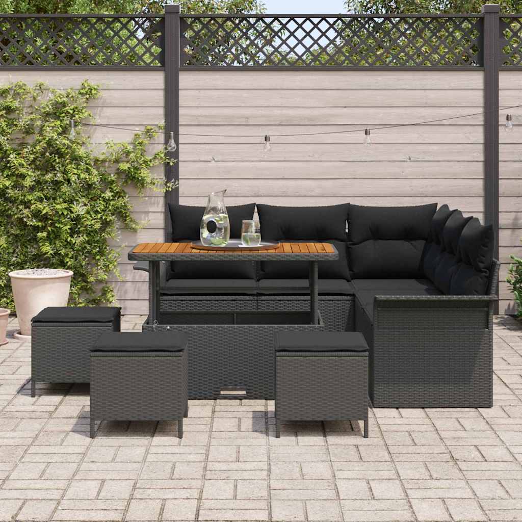 vidaXL 9-delige tuinbankset met kussens in zwart poly rattan en acacia.