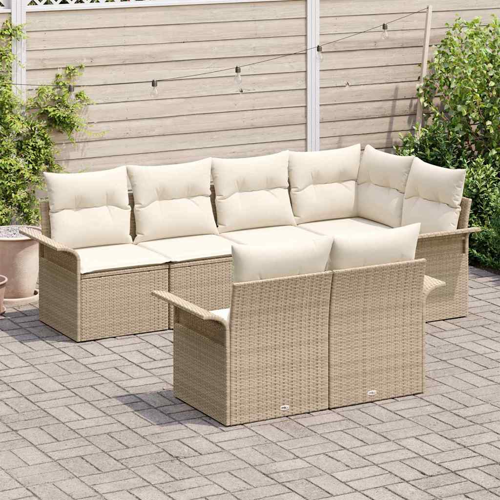 vidaXL 7-delige Tuinbankenset met kussens poly rattan beige