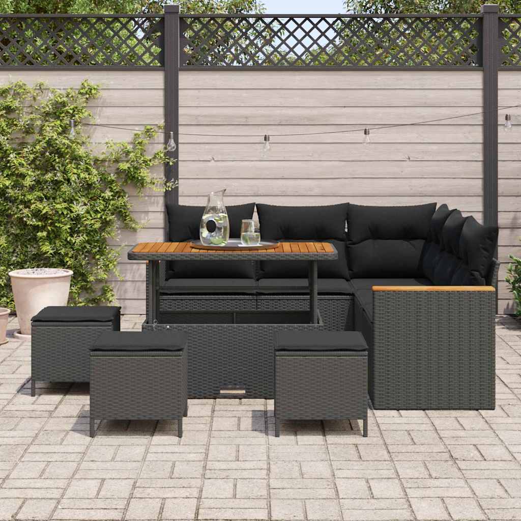 vidaXL 9-delige tuinset met kussens in zwart poly rattan en acacia