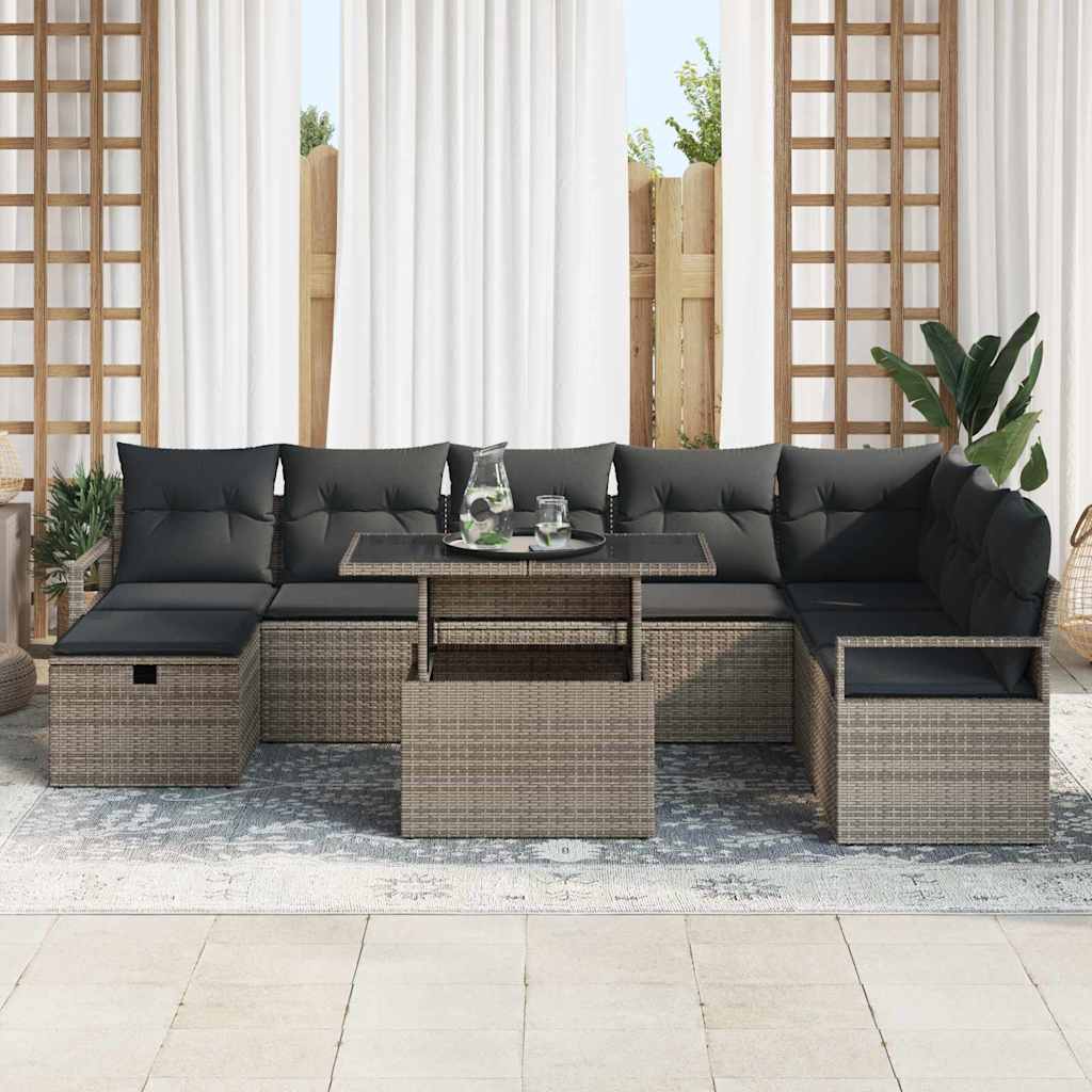 vidaXL 9-delige tuinset met kussens grijs poly rattan