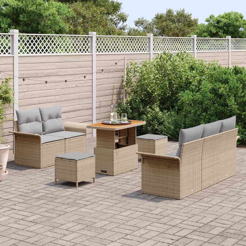vidaXL 8-delige tuinbankset met kussens in beige, van poly riet en acacia.