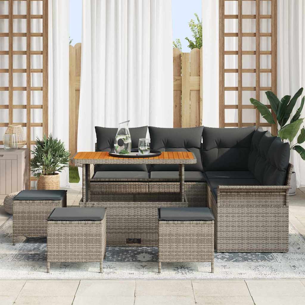 vidaXL 9-delige tuinsofa set met kussens in grijs poly rattan en acaciahout