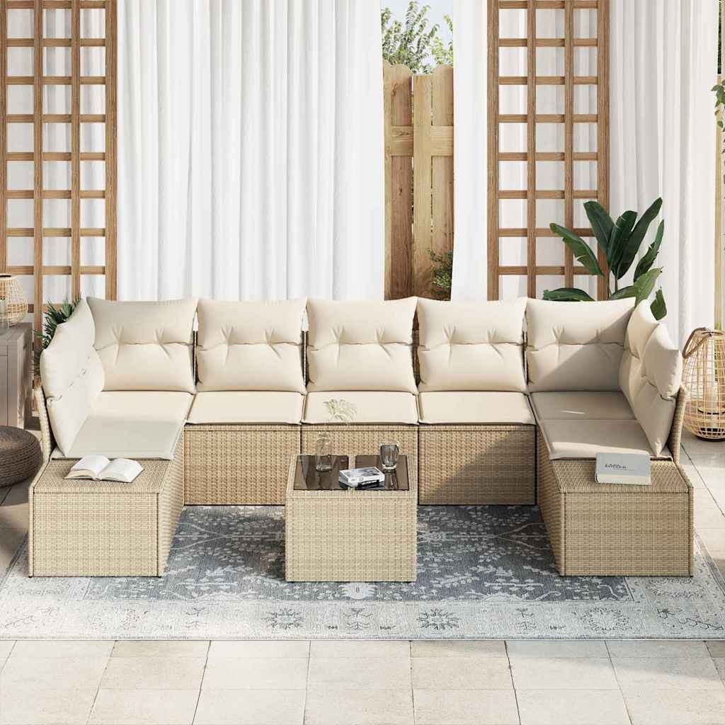vidaXL 8-delige tuinset met kussens in beige poly rattan
