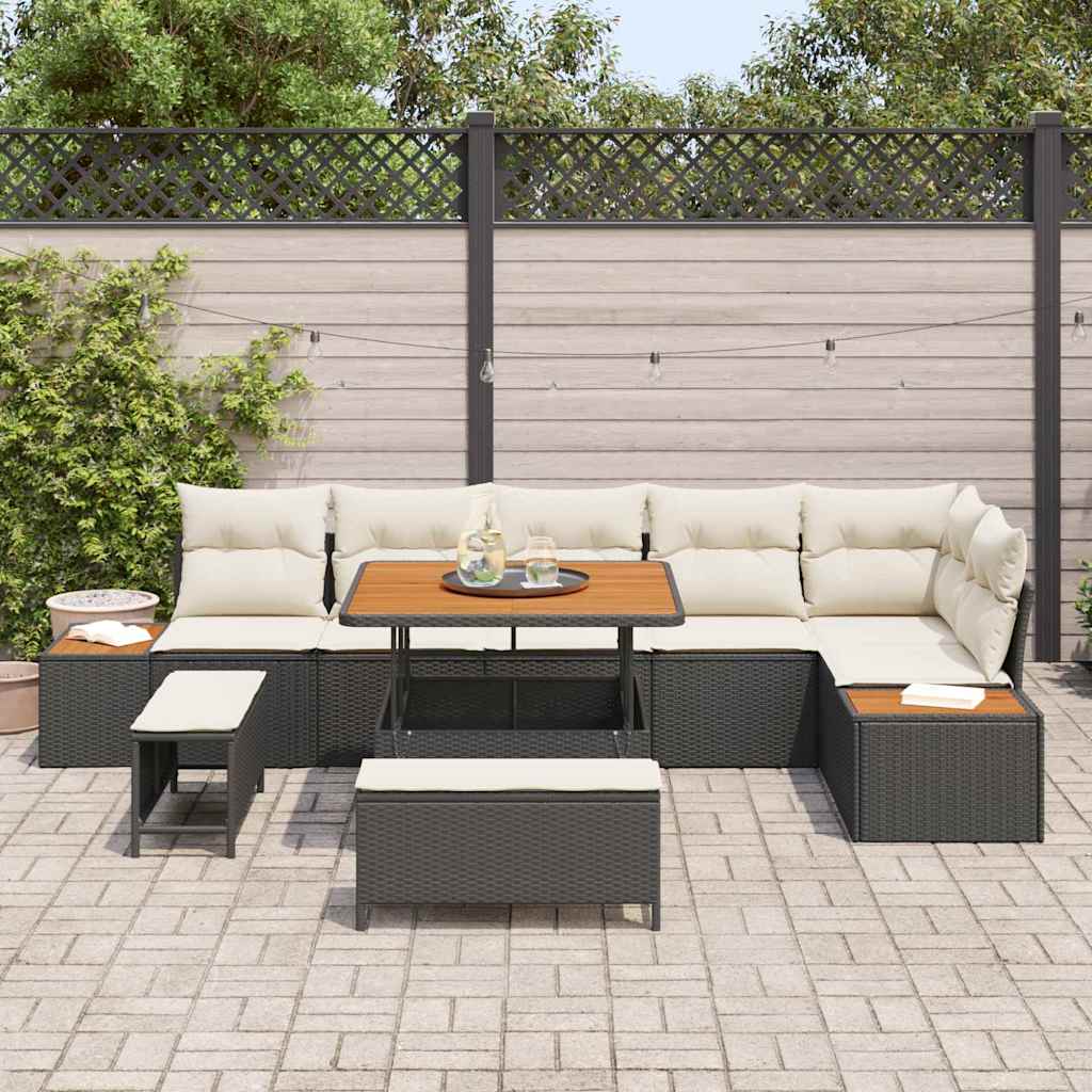vidaXL 9-delige tuinset met kussens, zwarte poly rattan en acaciahout