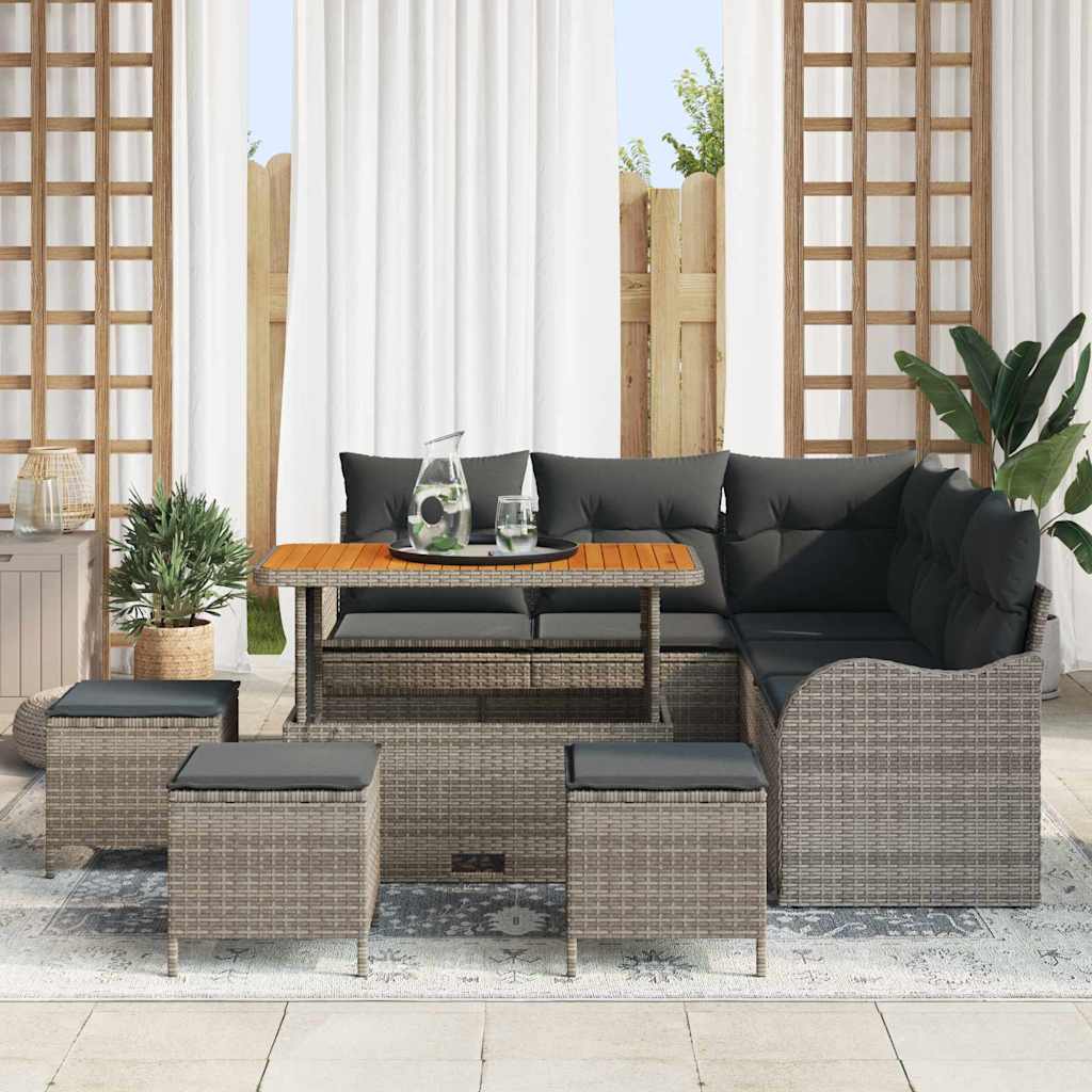 vidaXL 9-delige tuinset met kussens, grijs poly riet en acacia