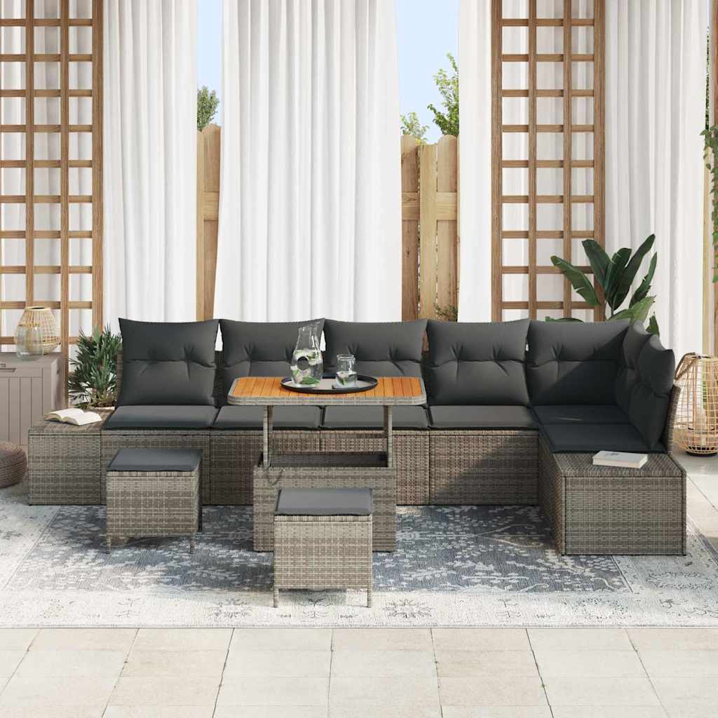 vidaXL 9-delige tuinset met kussens in het grijs van poly rattan en acacia