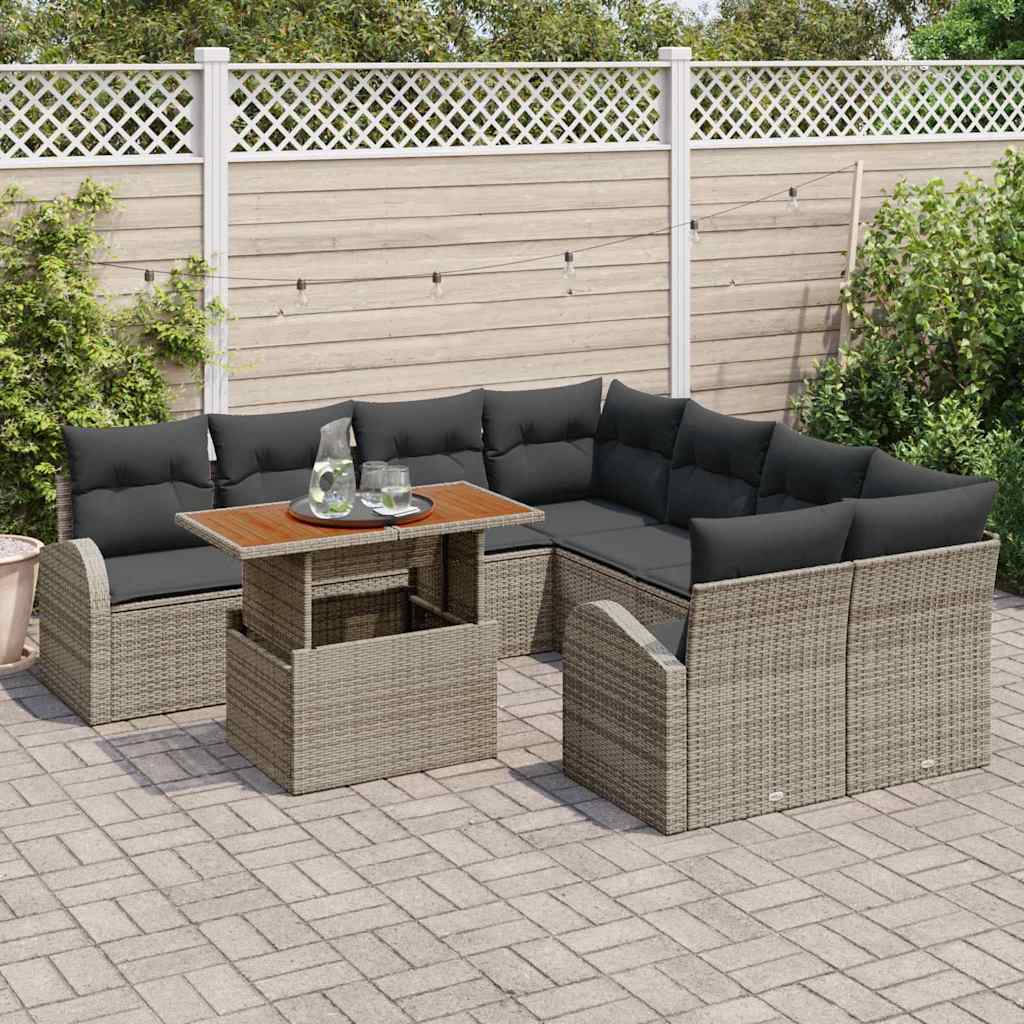 vidaXL 9-delig tuinbankstel met kussens in grijs poly-rattan