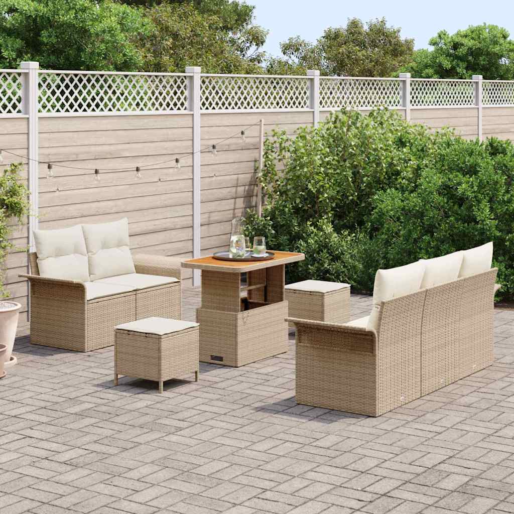 vidaXL 8-delige tuinbankset met kussens in beige, van poly rattan en acacia