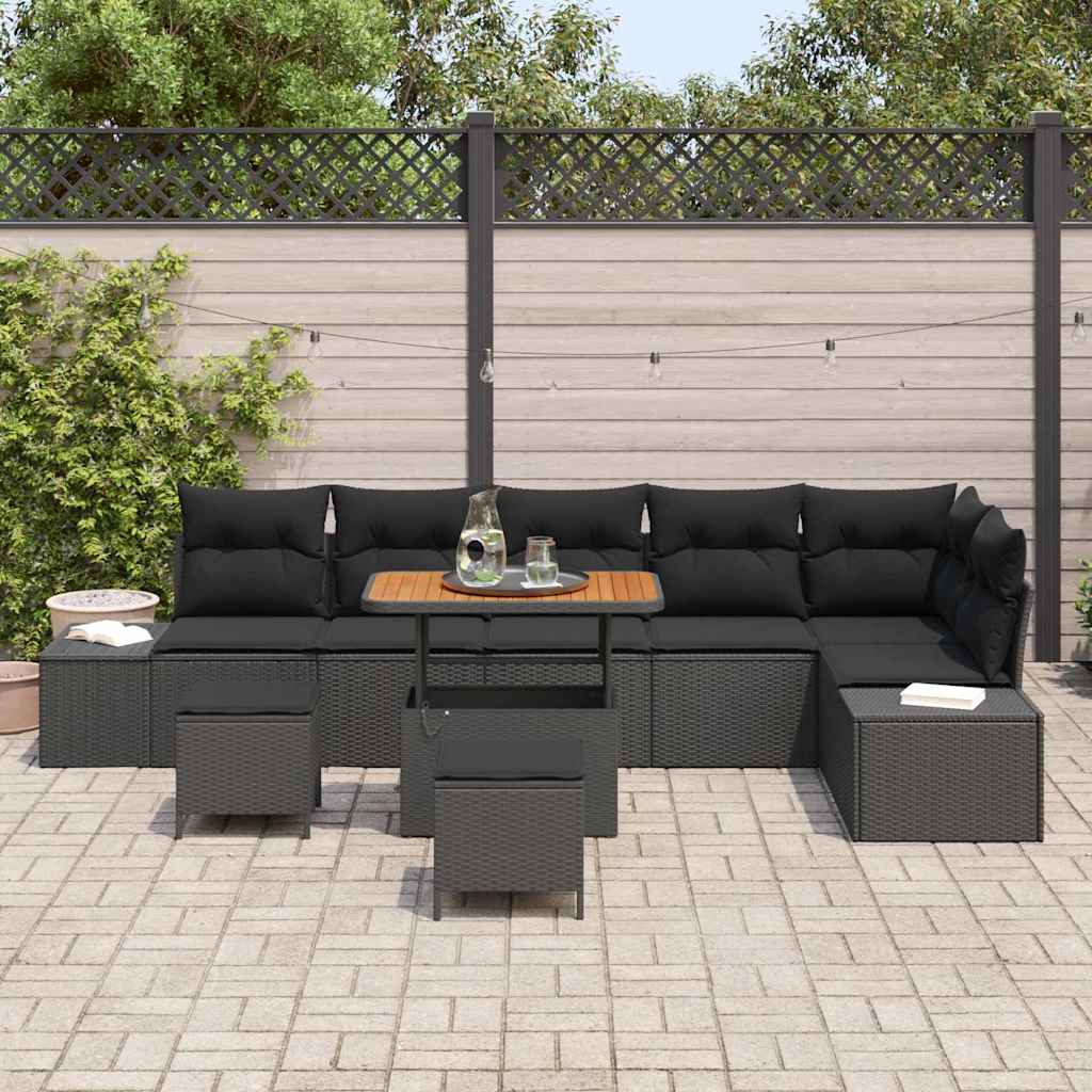 vidaXL 9-delige tuinsofa set met kussens in zwart poly rattan en acacia