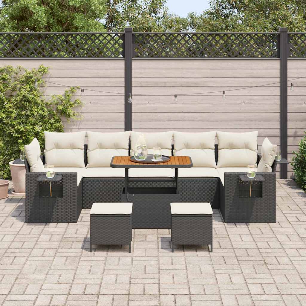 vidaXL 10-delige tuinsofa set met kussens van zwart poly rattan en acacia.