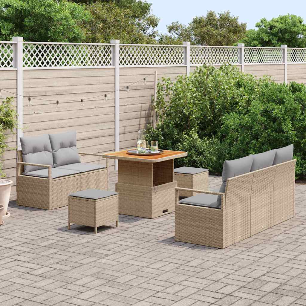 vidaXL 8-delige tuinset met kussens in beige poly rattan en acacia