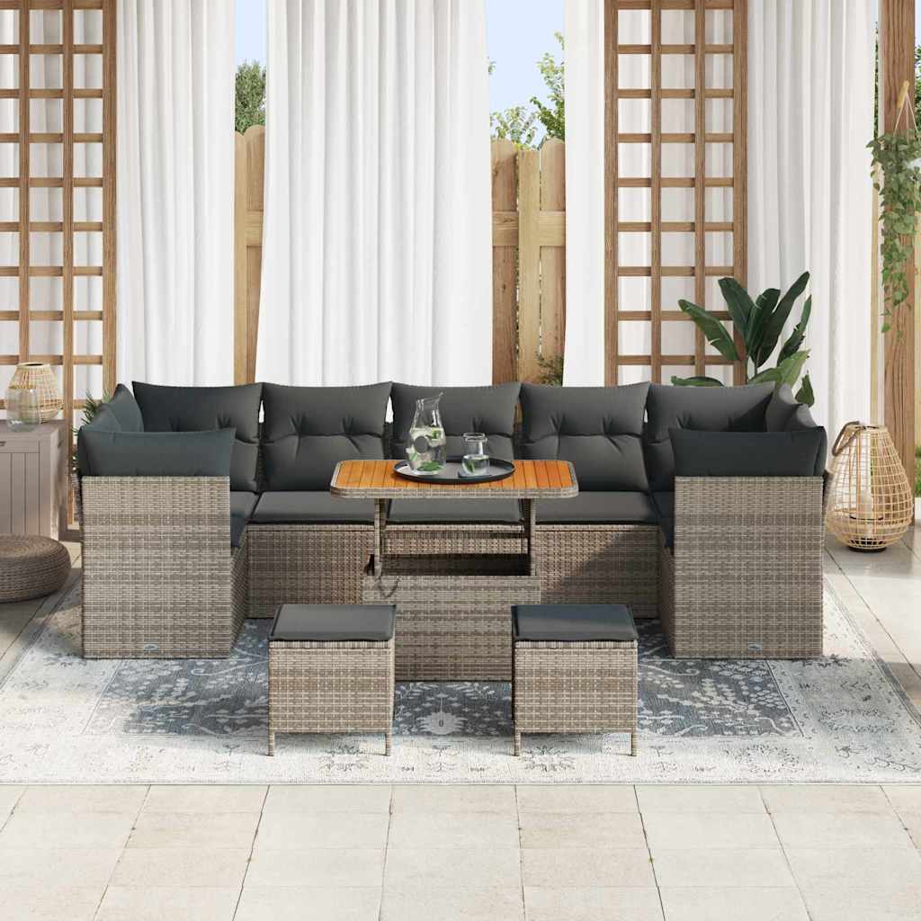 vidaXL 10-delige tuinbankset met kussens in grijs, van poly rattan en acacia