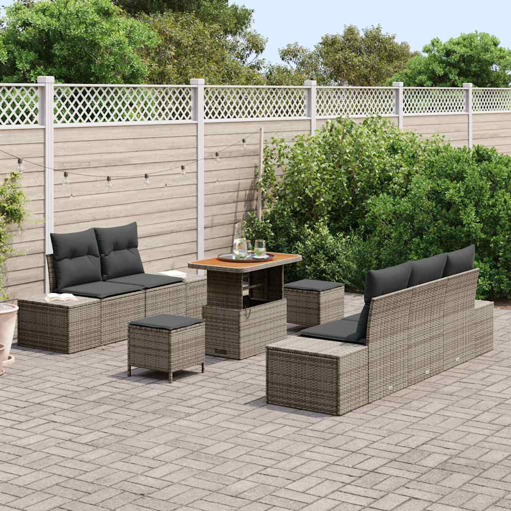 vidaXL 8-delige Tuinbank Set met Kussens Grijs Van Poly Riet en Acacia