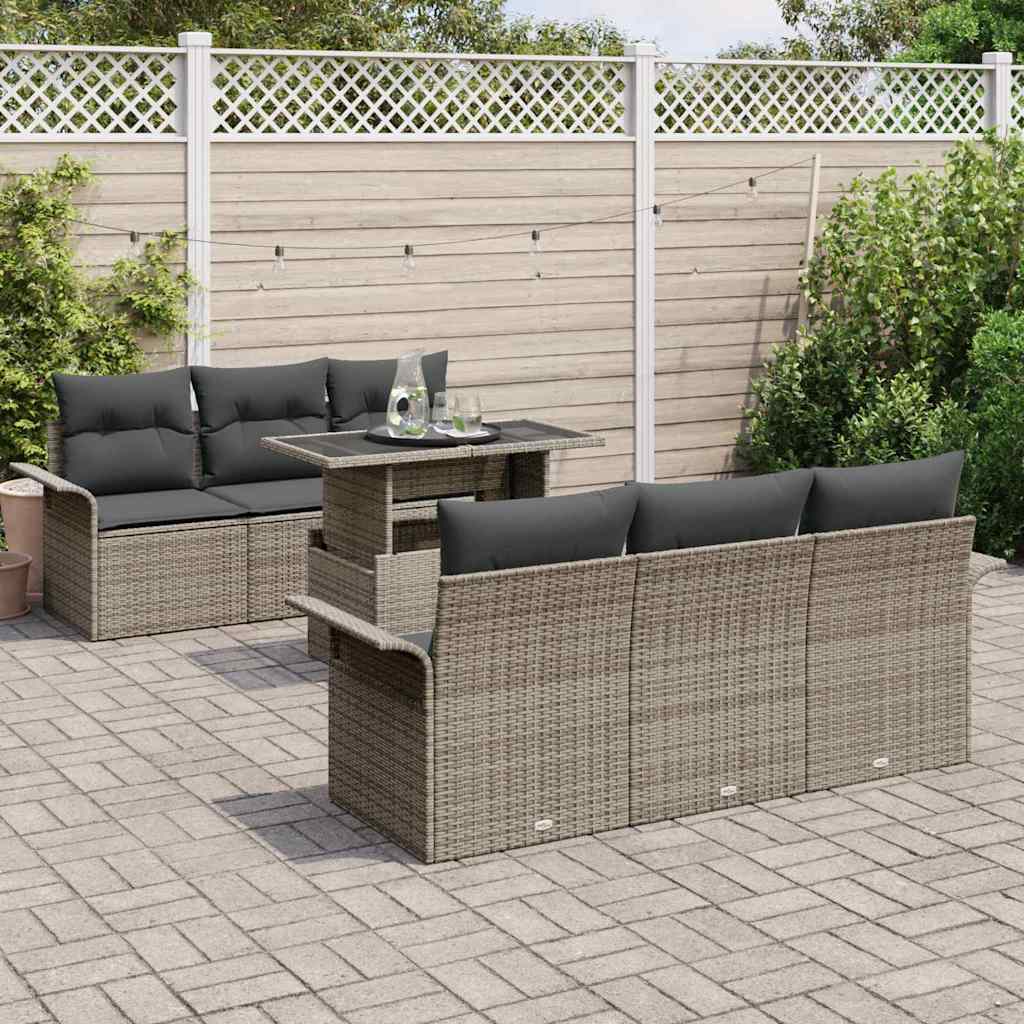 vidaXL 7-delige tuinset met kussens in grijs poly rattan