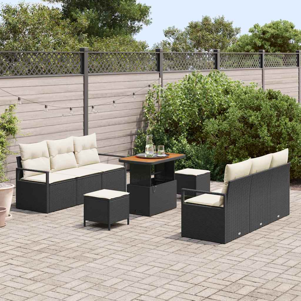 vidaXL 9-delige tuinsofa set met kussens in zwart poly rattan en acacia