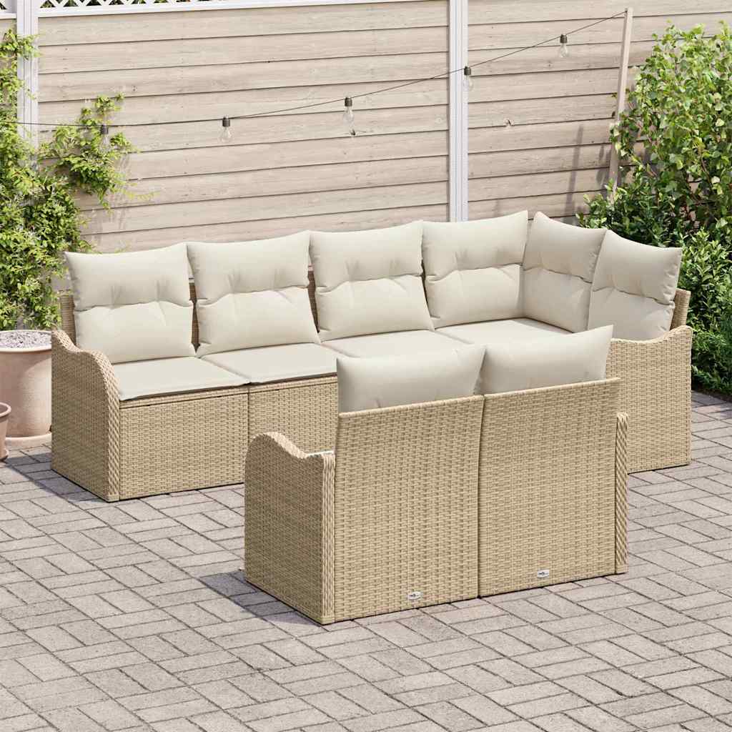 vidaXL 7-delige tuinbankset met kussens in beige poly rattan