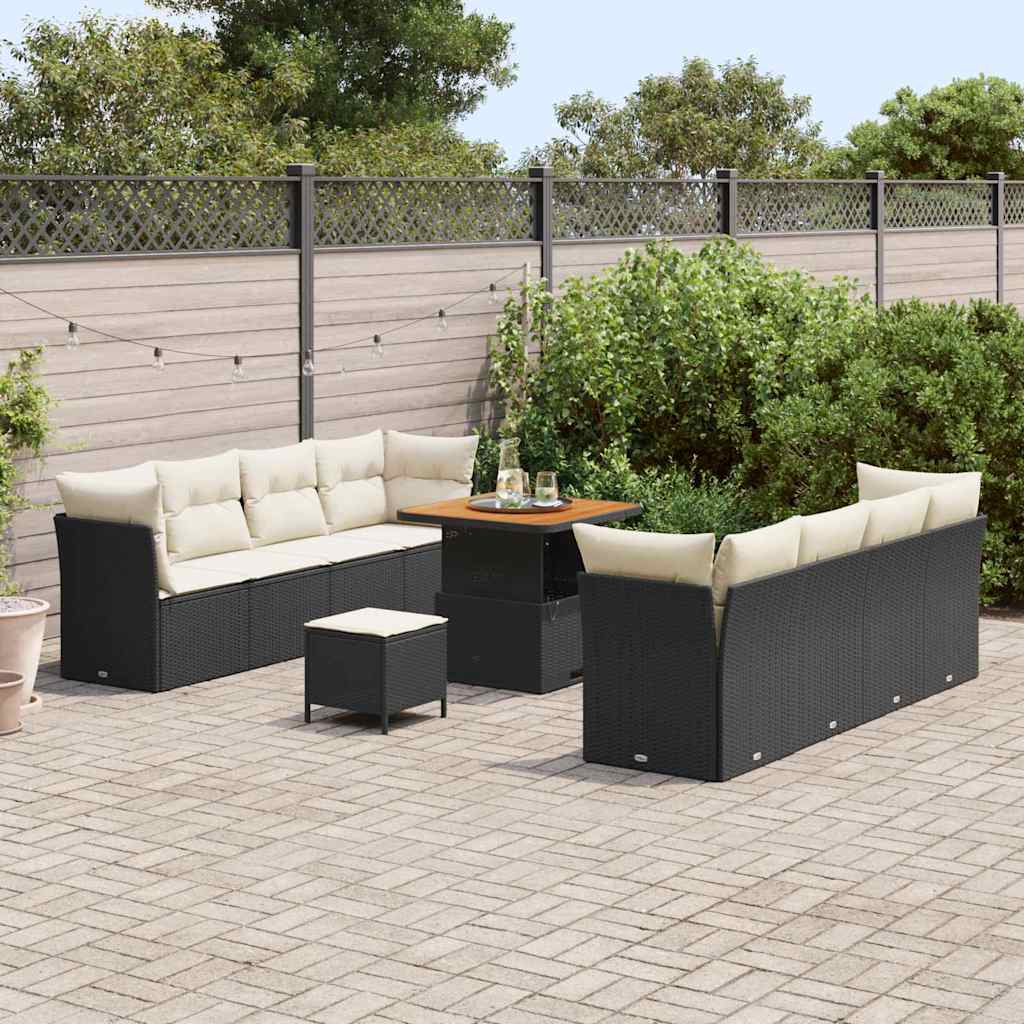 vidaXL 11-delige Tuinsofaset met Kussens in Zwart van Poly Rattan en Acacia.