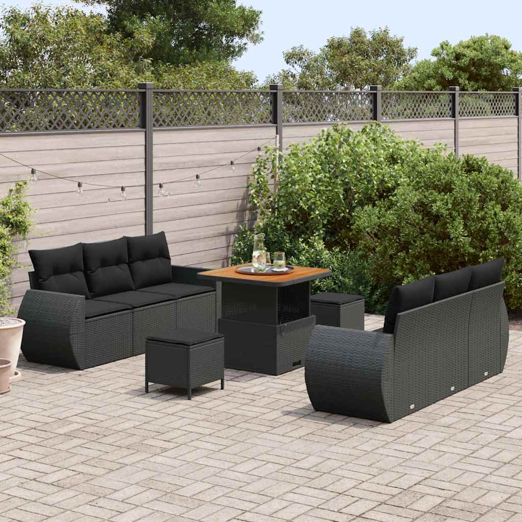 vidaXL 9-delige tuinbankset met kussens in zwart poly riet en acacia