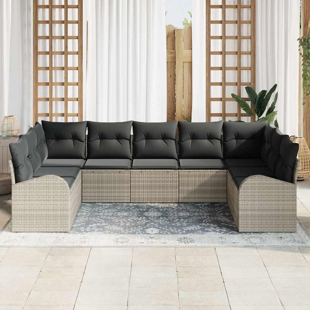 vidaXL 9-delige tuinsofa set met kussens in lichtgrijs van poly rattan