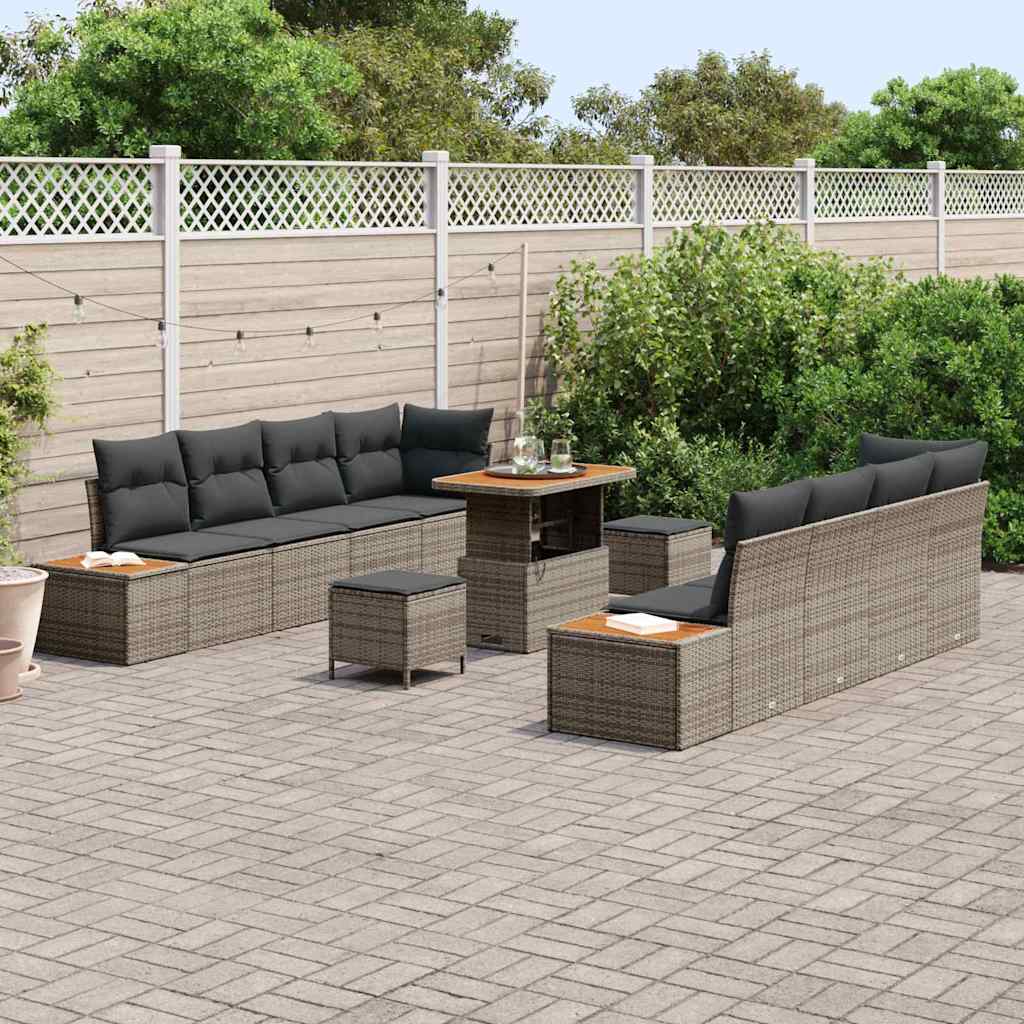 vidaXL 11-delige Tuinset met Kussens - Grijs Poly Rattan - Acacia