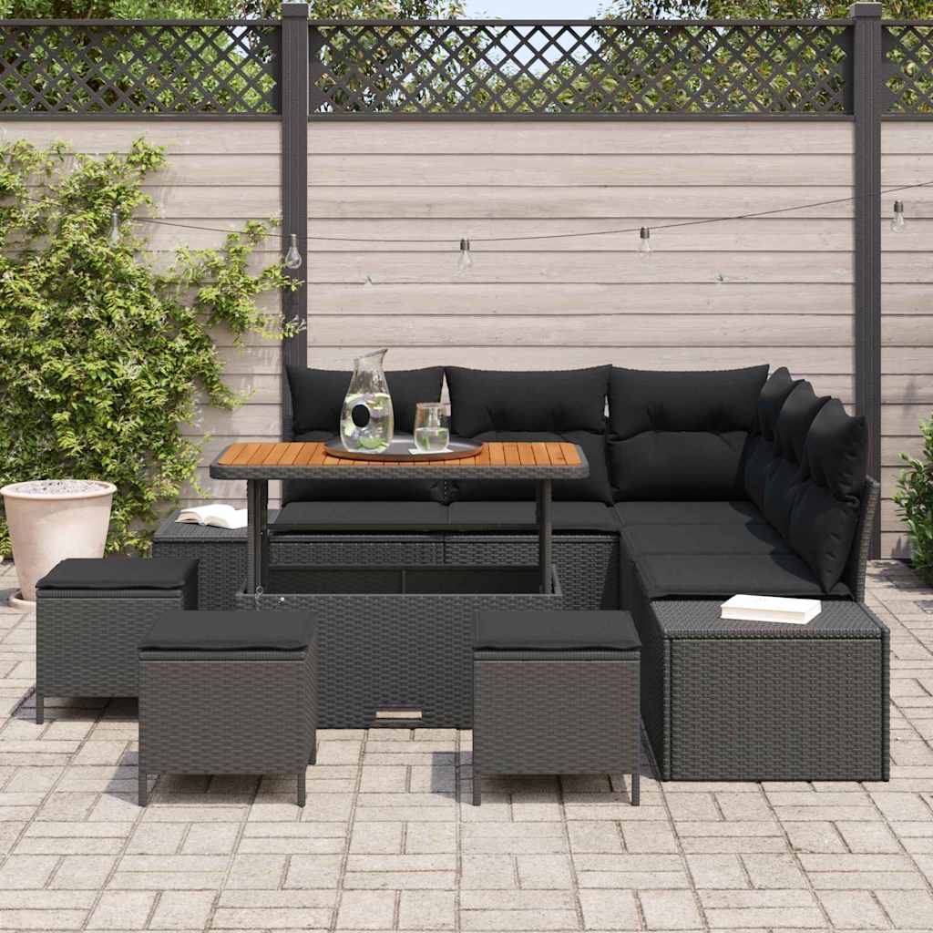 vidaXL 9-delige tuinsofa set met kussens in zwart poly rattan en acacia