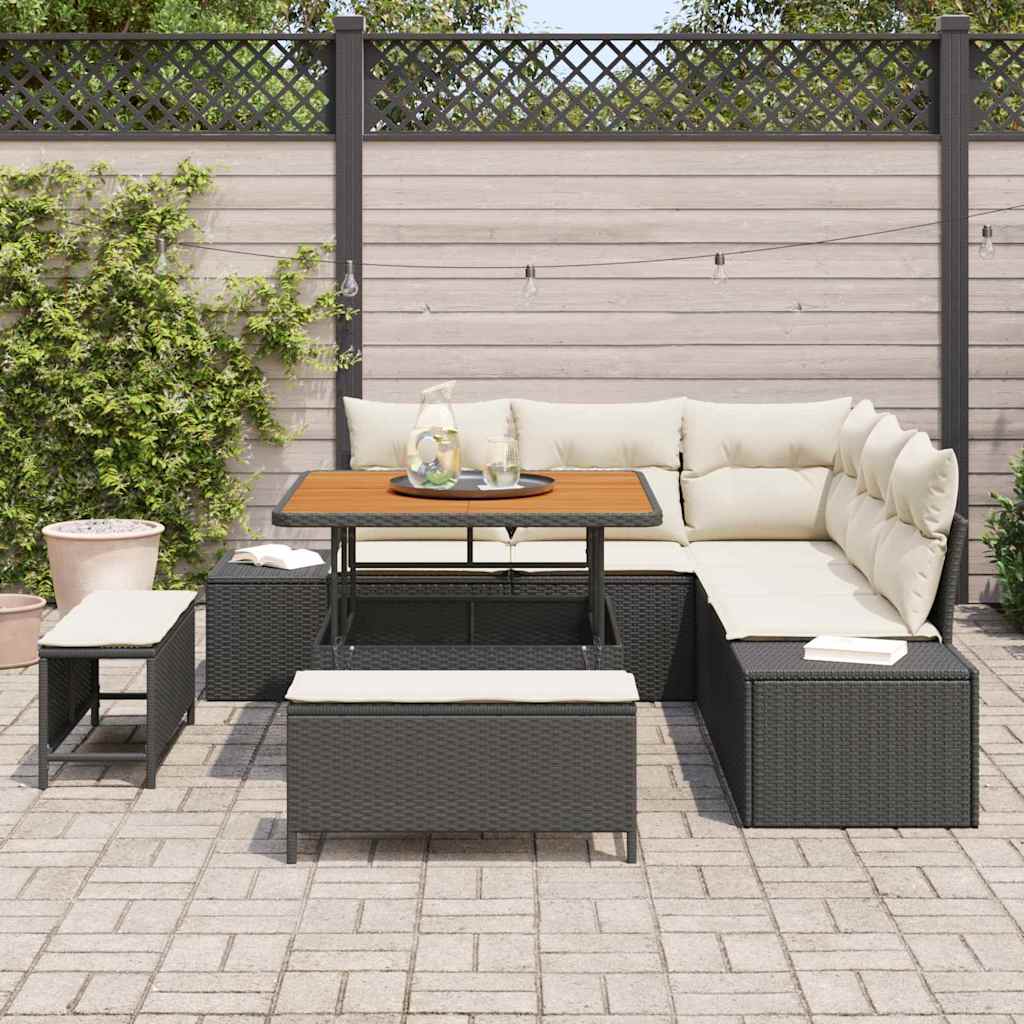 vidaXL 8-delige tuinsofa set met kussens in zwart poly rattan en acacia