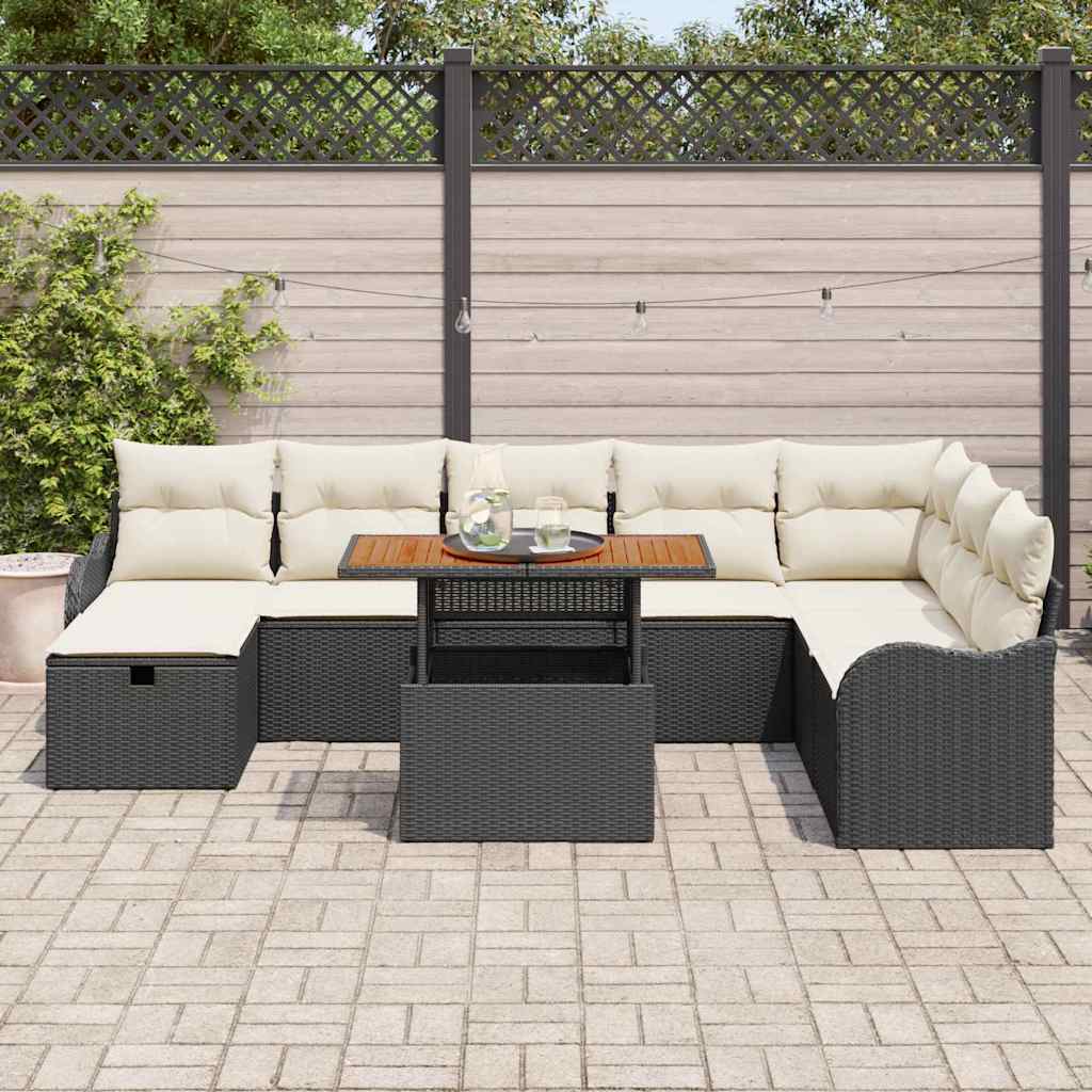 vidaXL 9-delige tuinsofa set met kussens, zwart poly riet
