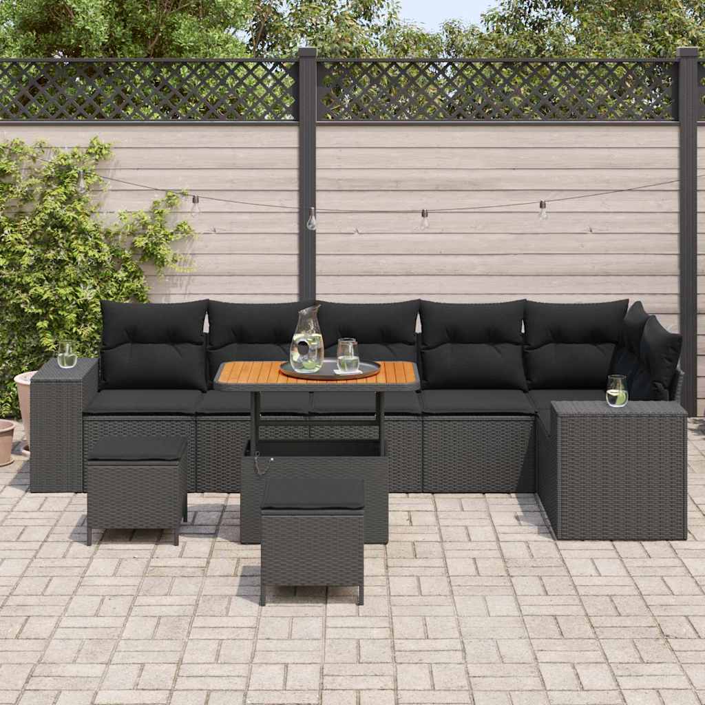 vidaXL 9-delige Tuinsofa Set met Kussens - Zwart Poly Rattan - Acacia