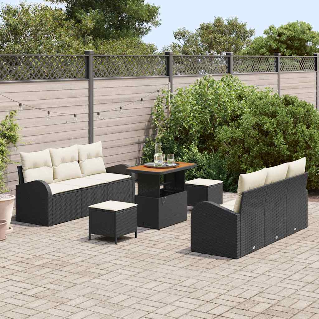 vidaXL 9-delige tuinsofa set met kussens in zwart van poly rattan en acacia.