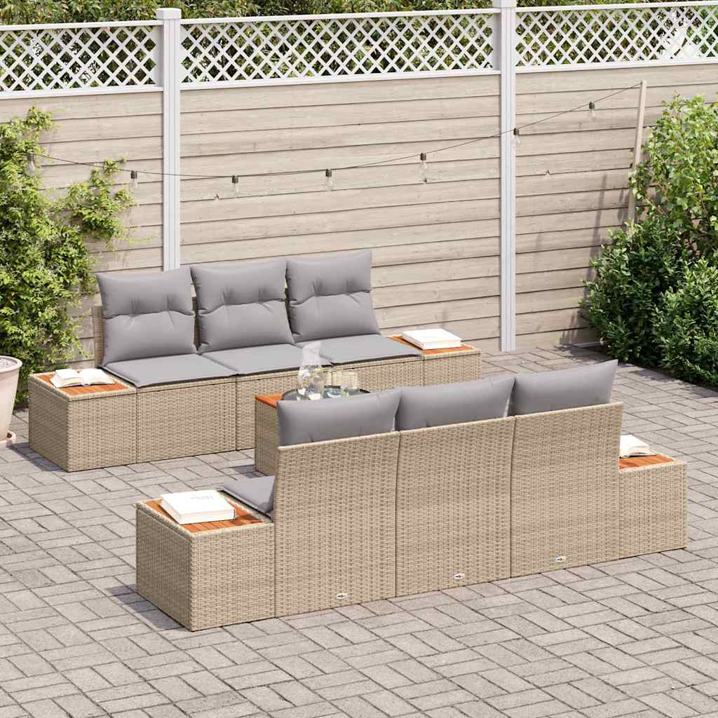 vidaXL 7-delige tuinbankset met kussens in beige poly rattan en acacia