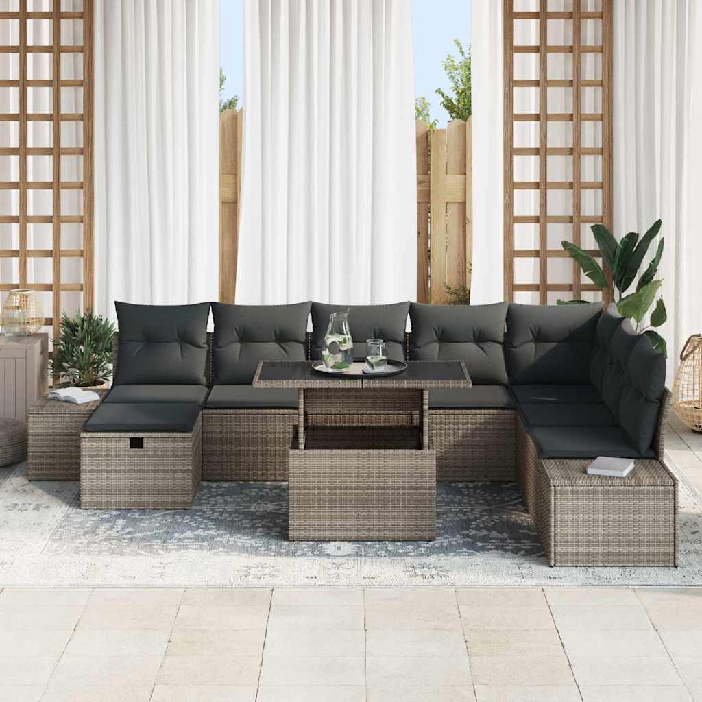 vidaXL 9-delige tuinsofa set met grijze kussens van poly rattan
