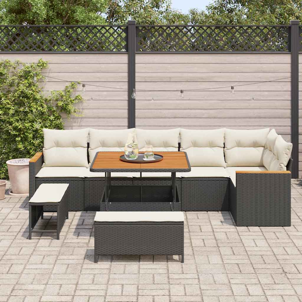 vidaXL 9-delige tuinset met kussens in zwart poly rattan en acacia
