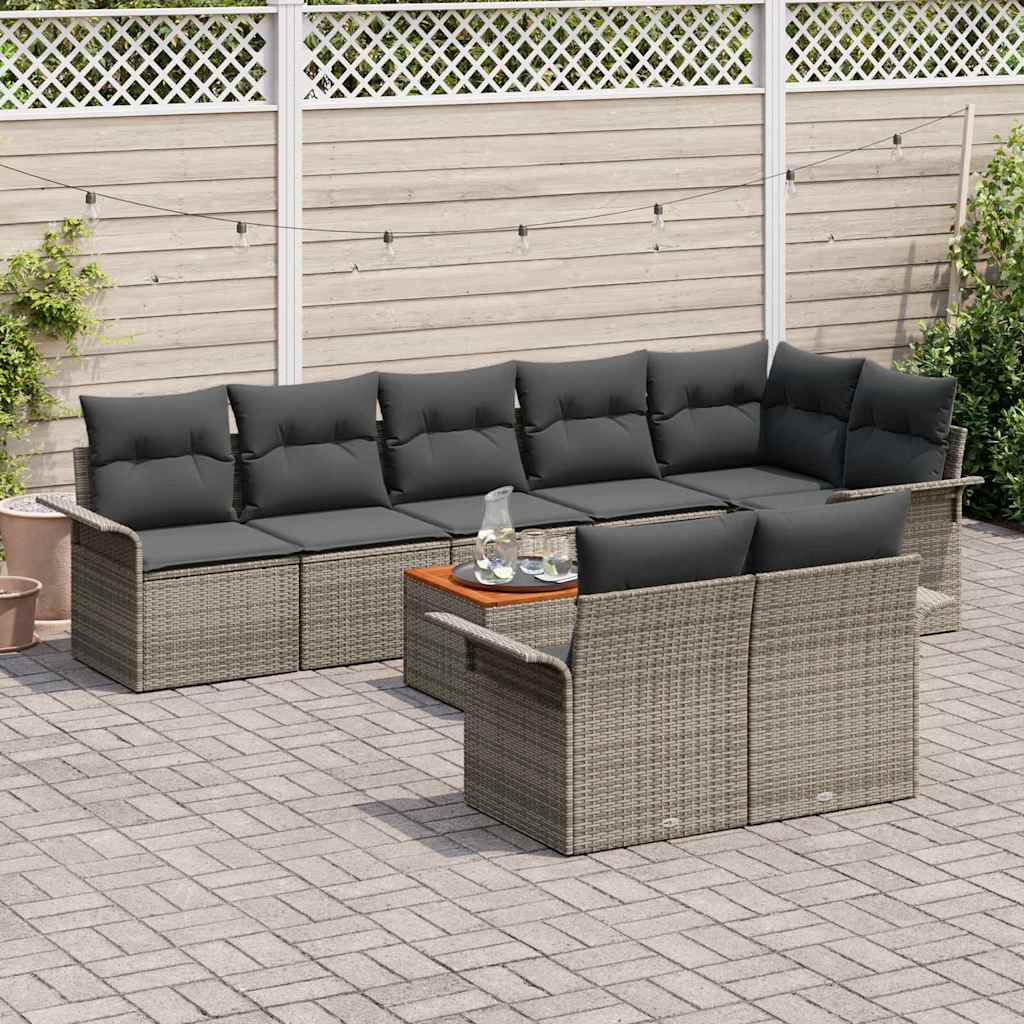 vidaXL 9-delige tuinset met kussens in grijs poly rattan en acacia.