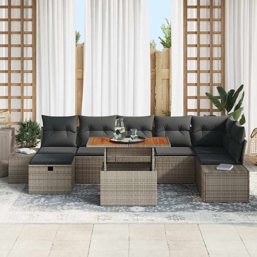 vidaXL 8-delige tuinset met kussens in grijs van poly rattan en acacia