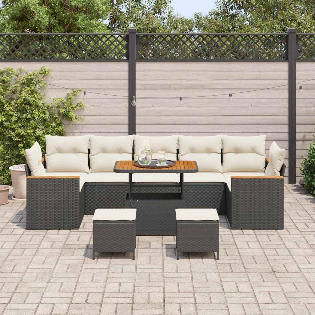 vidaXL 10-delige Tuin Sofa Set met Zwarte Kussens van Poly Riet en Acacia