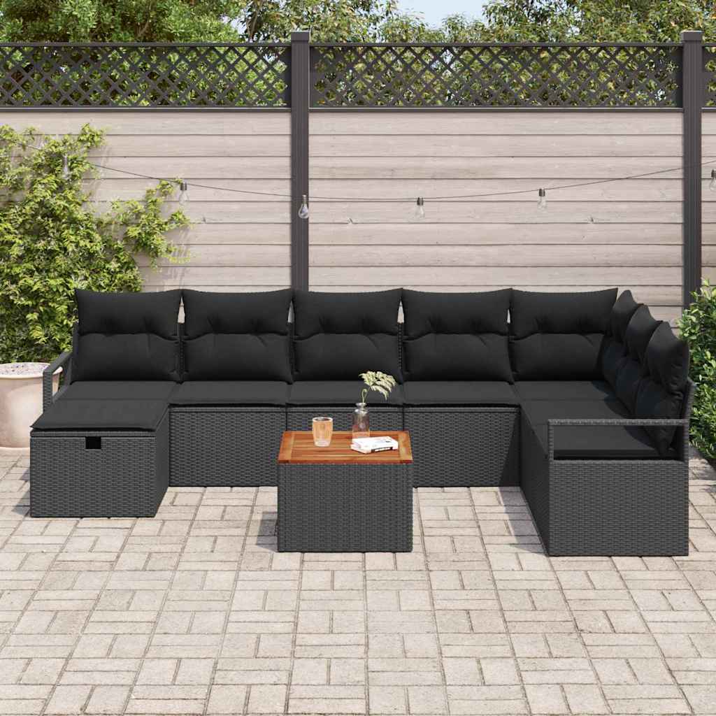vidaXL 9-delige tuinset met kussens in zwart poly rattan