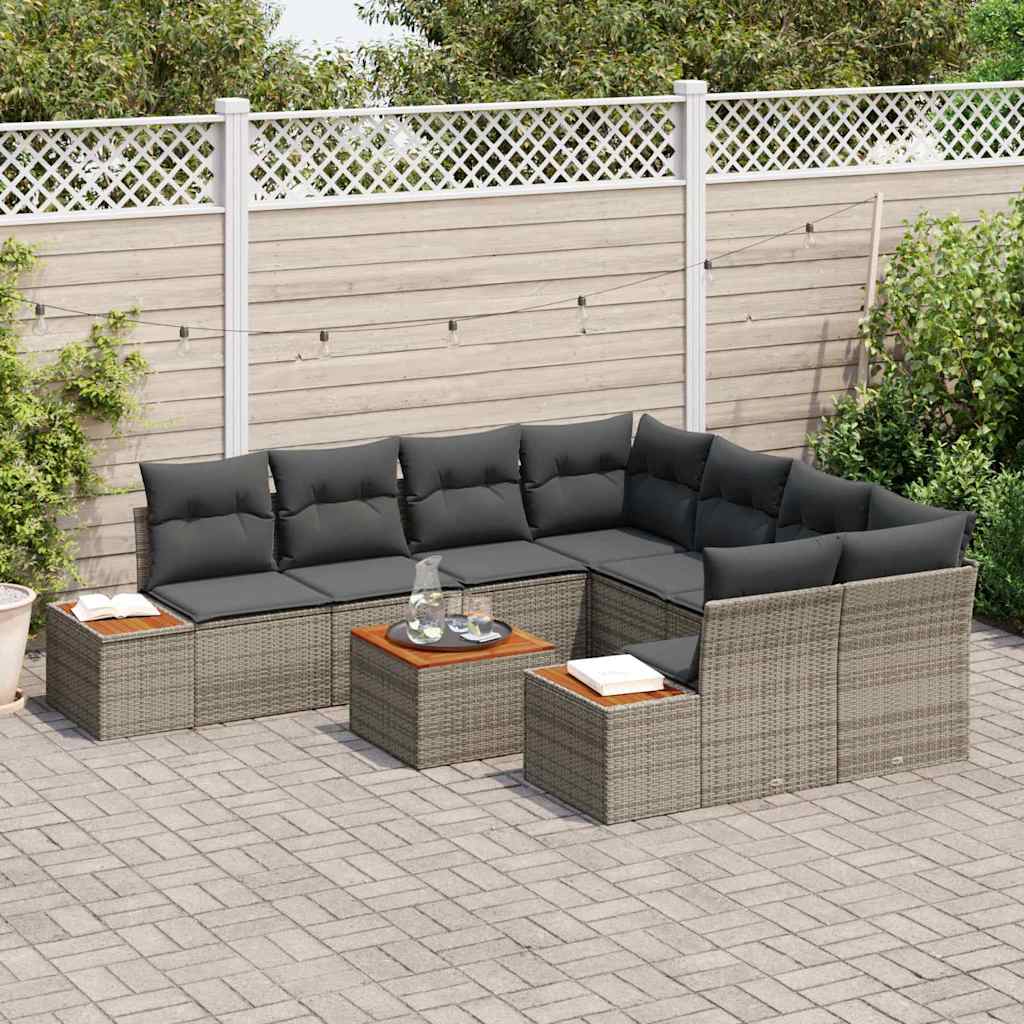 vidaXL 9-delige Tuinbankenset met kussens poly rattan acacia grijs