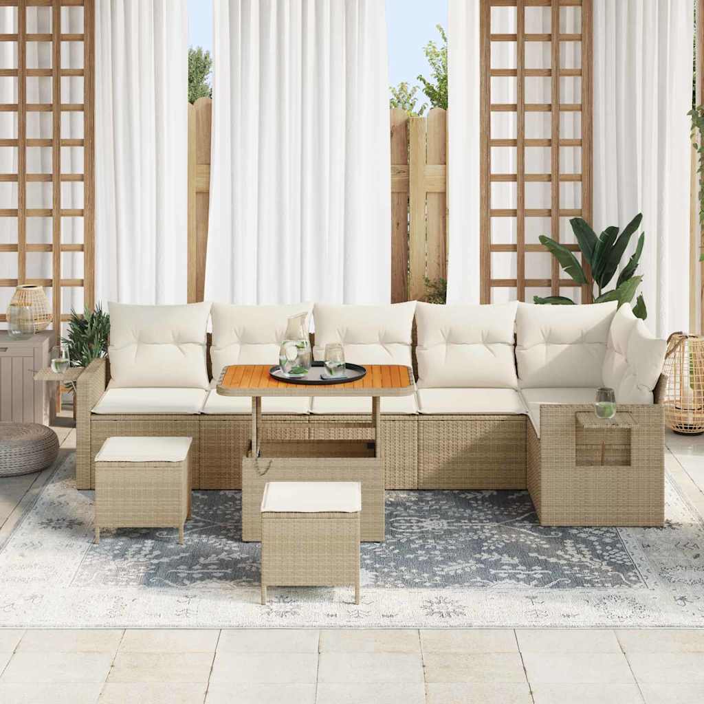 vidaXL 9-delige Tuin Sofa Set met Kussens Beige Poly Rattan Acacia
