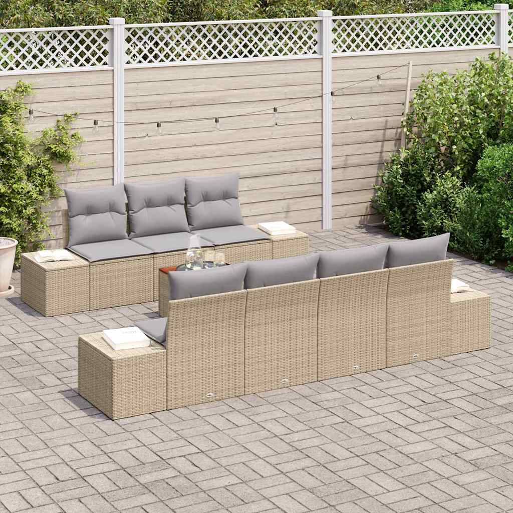 vidaXL 8-delige tuinset met kussens in beige van poly rattan en acacia