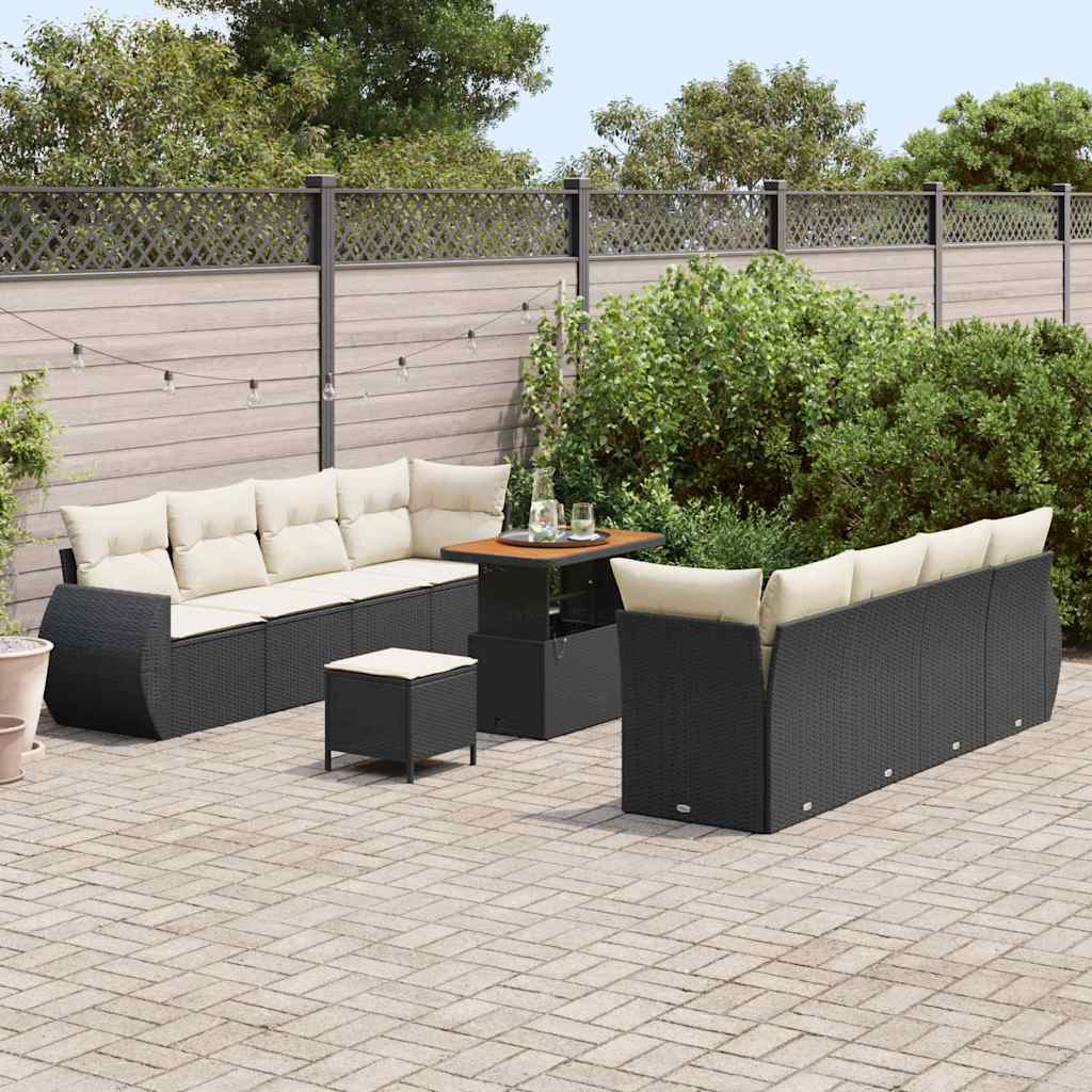 vidaXL 11-delige Tuinbankset met Kussens Zwart Poly Rattan Acacia
