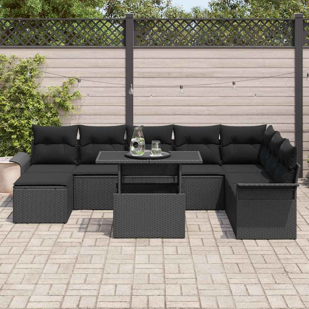 vidaXL 9-delige Tuinbankset met Kussens - Zwart Poly Rattan