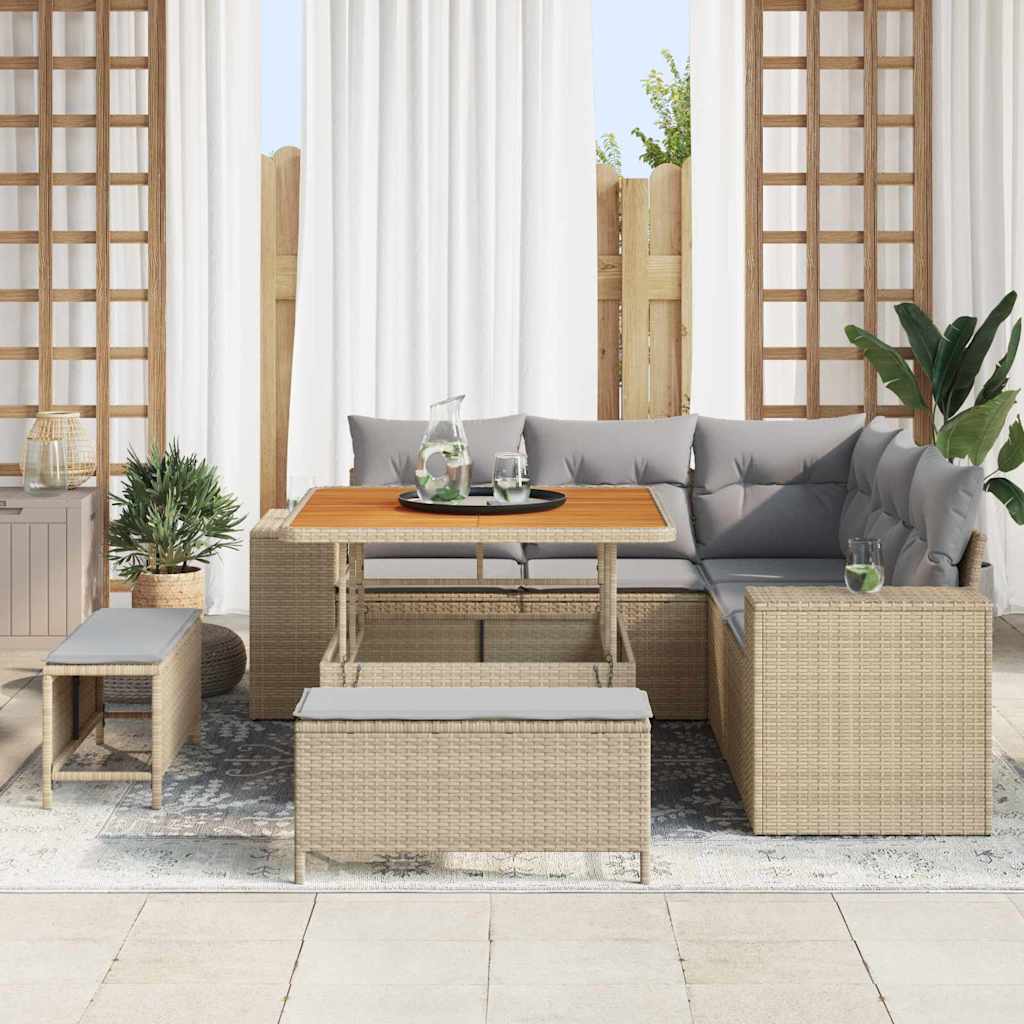 vidaXL 8-delige tuinset met kussens in beige poly riet en acacia