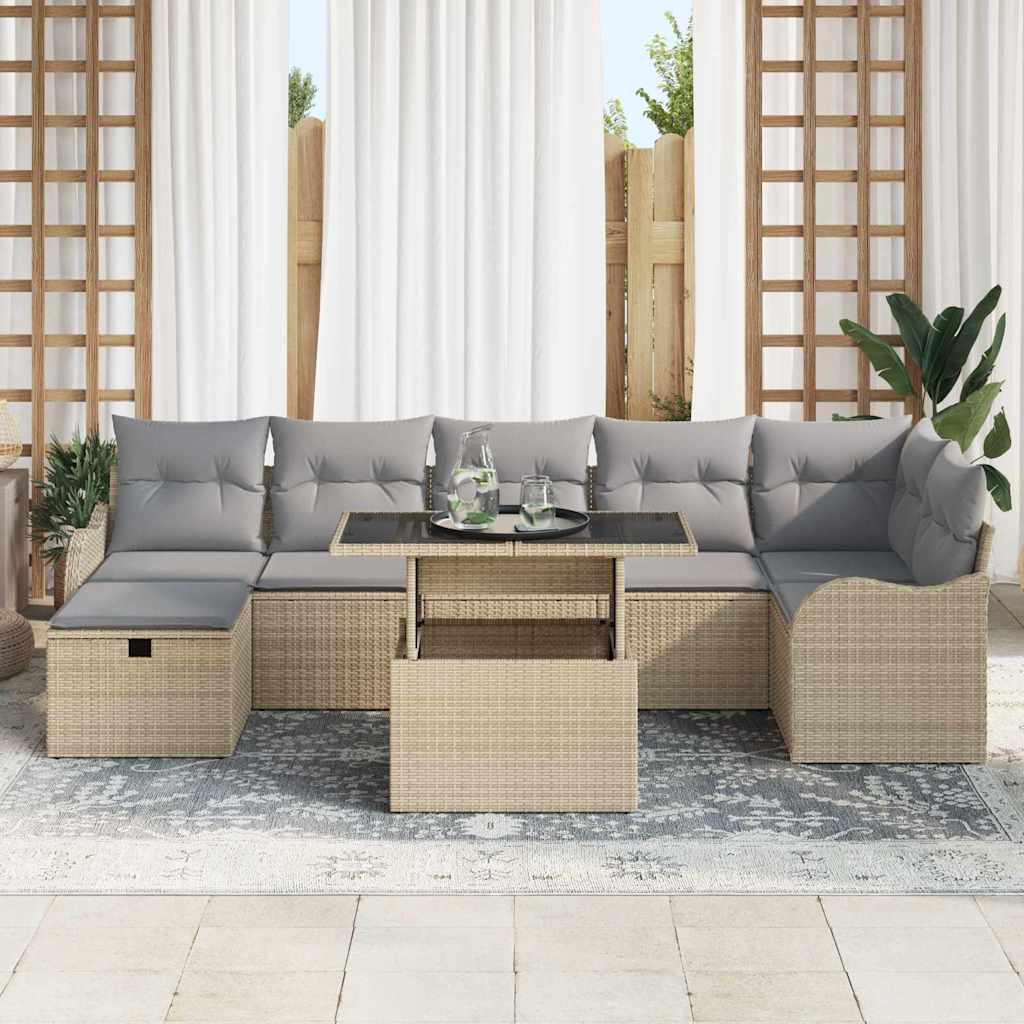 vidaXL 8-delige Tuinbankenset met kussens poly rattan beige