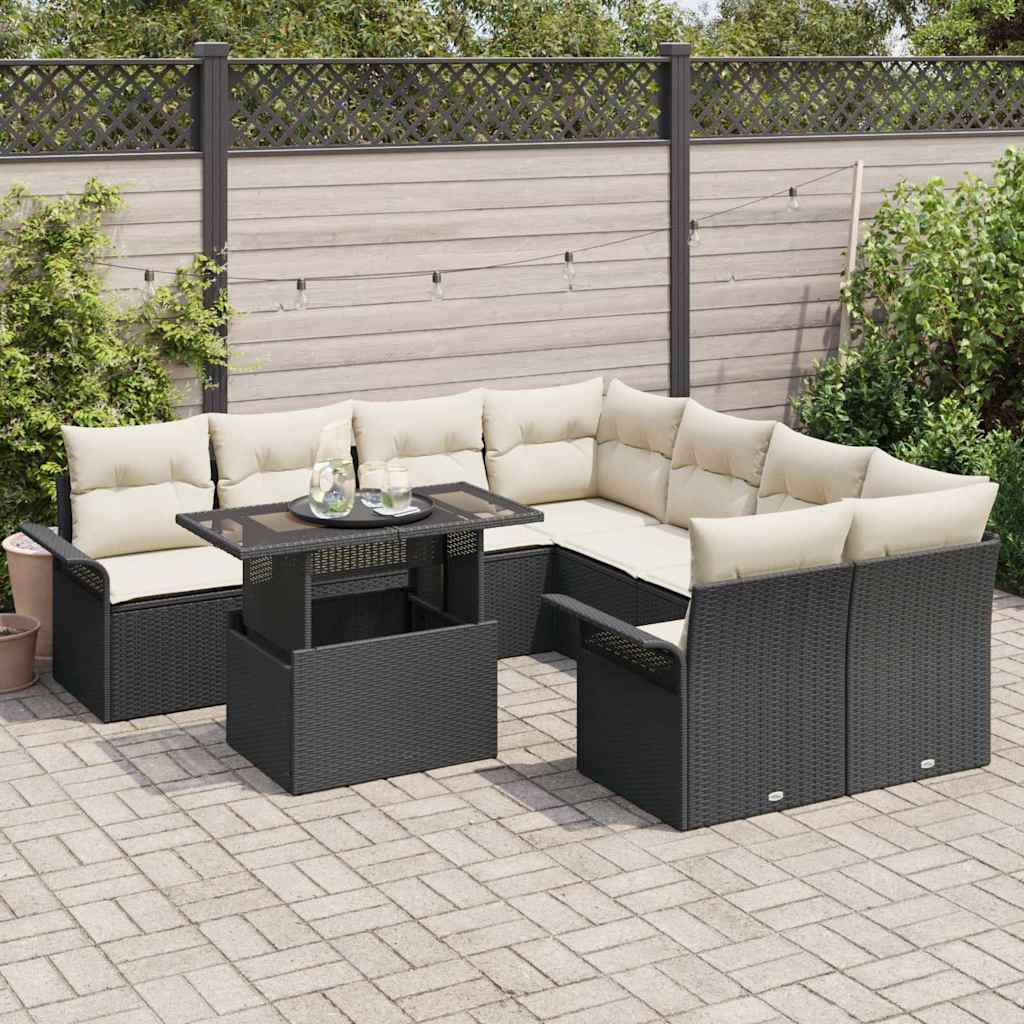 vidaXL 9-delige tuinset met kussens - Zwart poly rattan