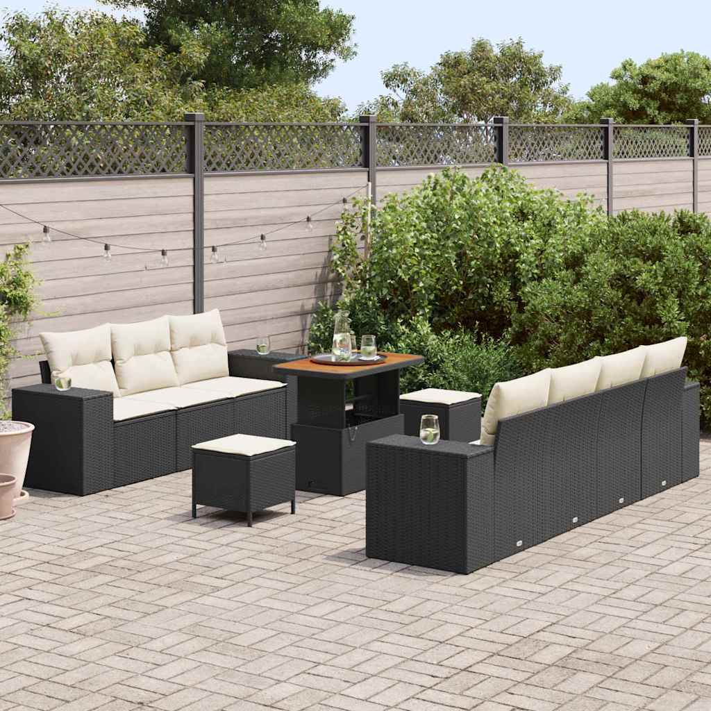 vidaXL 10-delige tuinsofa set met kussens, zwarte poly rattan en acacia