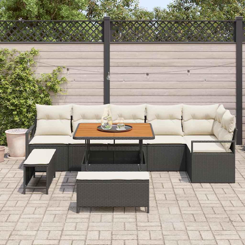 vidaXL 9-delige tuinset met kussens in zwart van poly rattan en acacia.