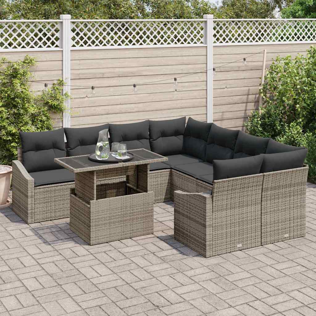vidaXL 9-delige tuinset met kussens grijs poly rattan